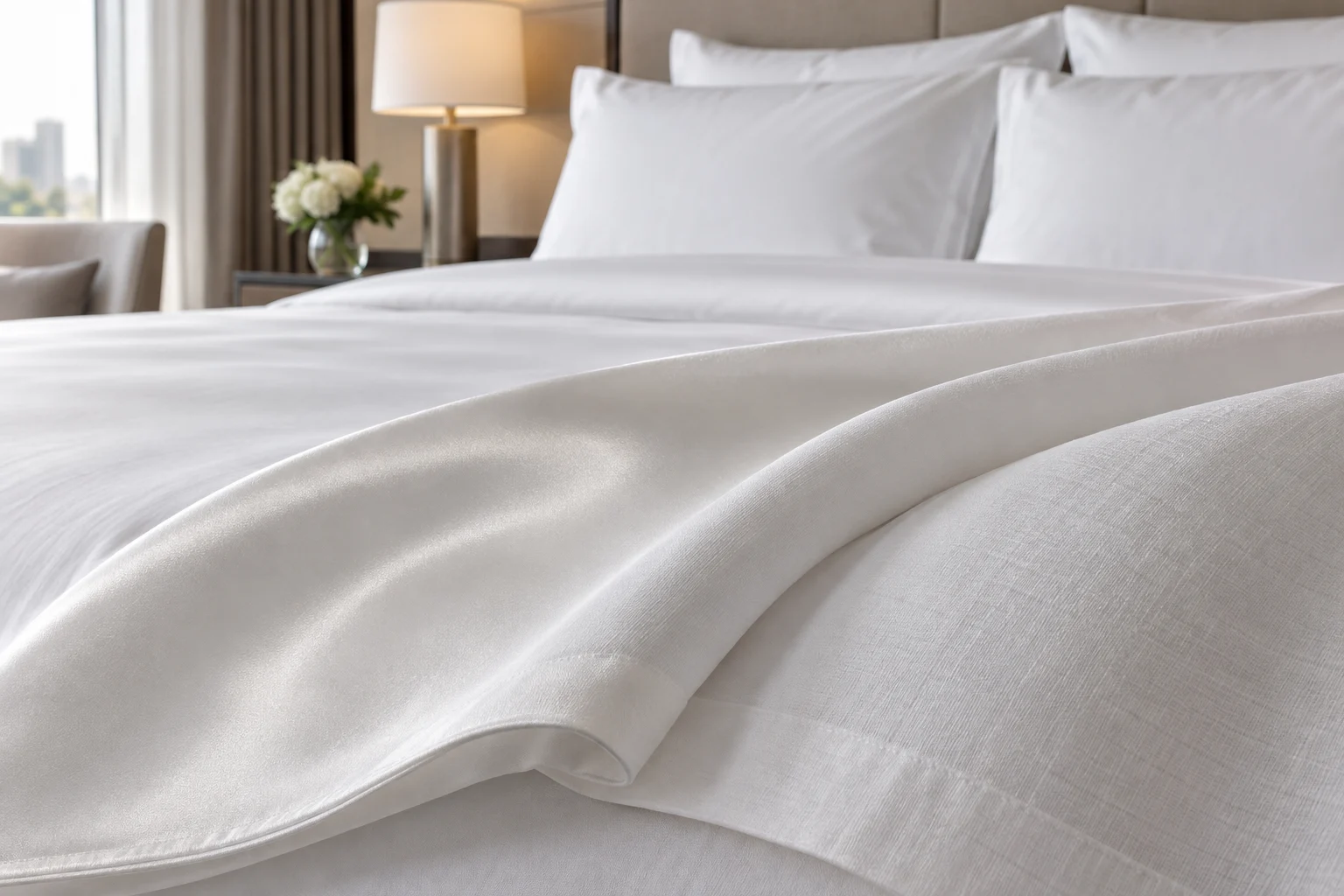 White sateen and percale hotel bedding showing distinct woven finishes