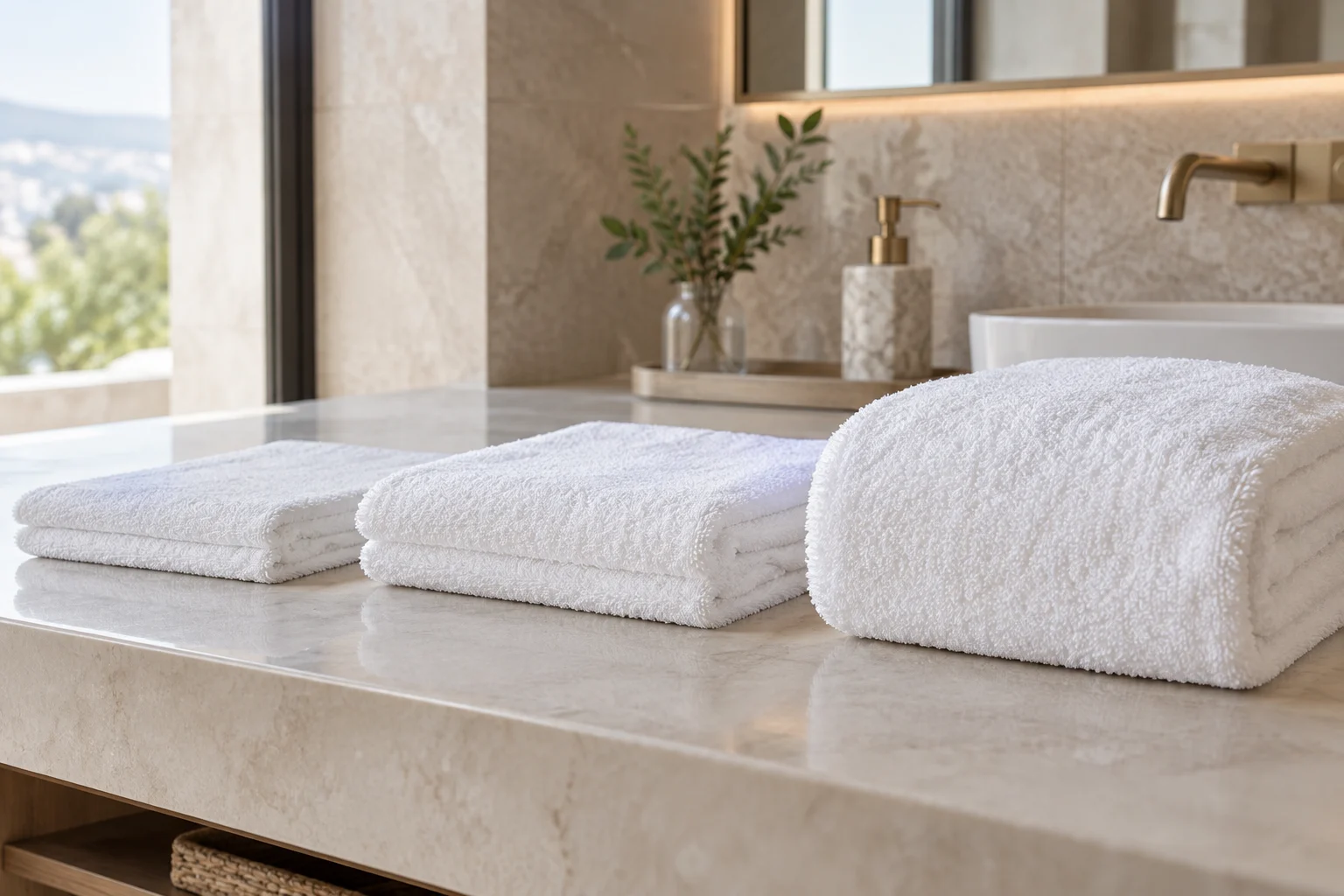 Layered white hotel towels in an elegant bathroom