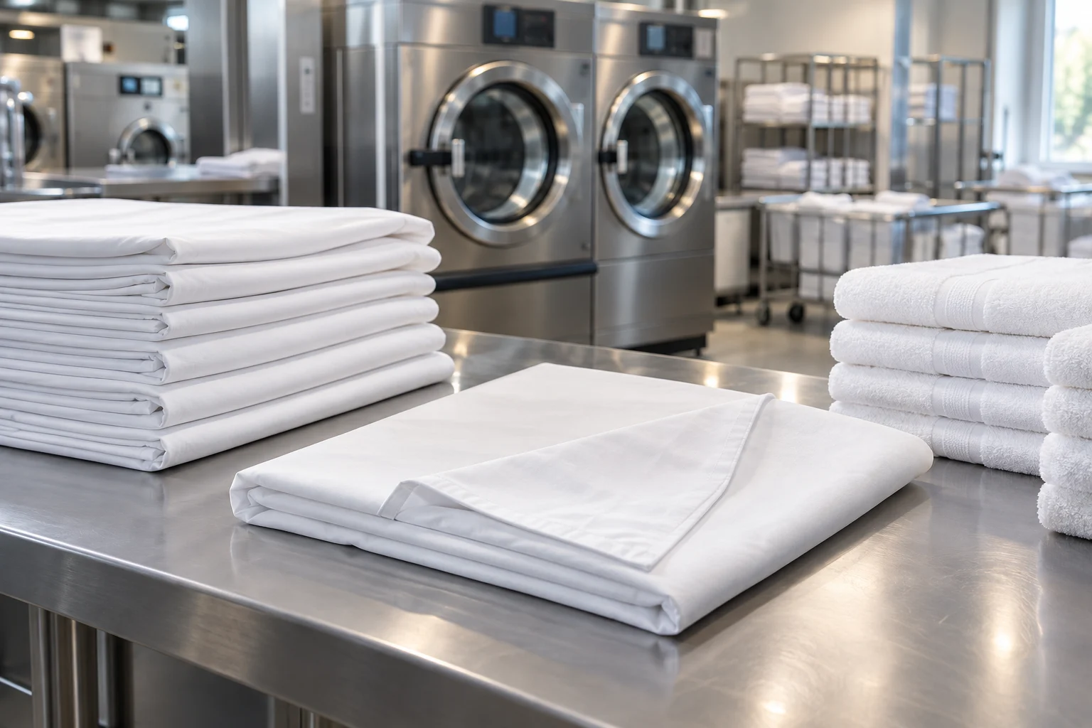 Neatly folded white linen in a modern professional hotel laundry